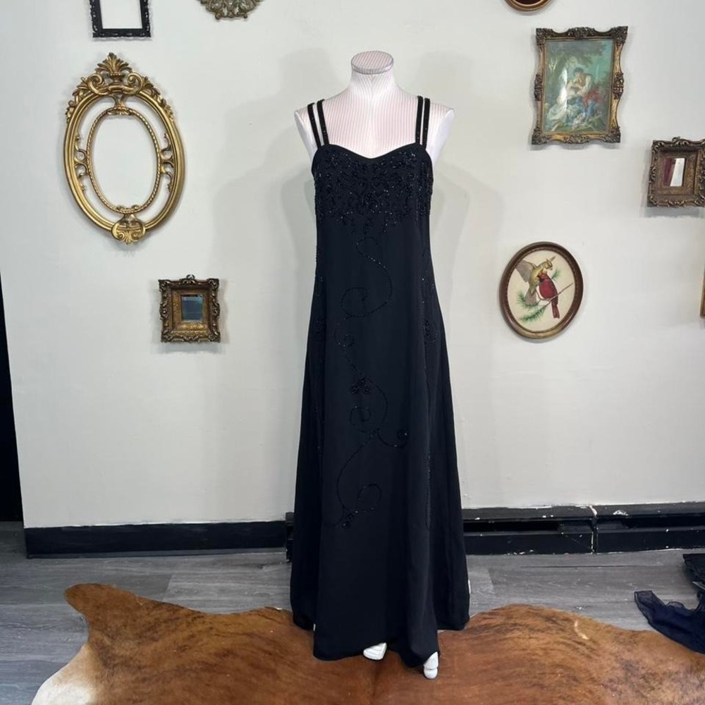 Vintage Black Beaded Evening Gown with Spaghetti Straps – Size 6